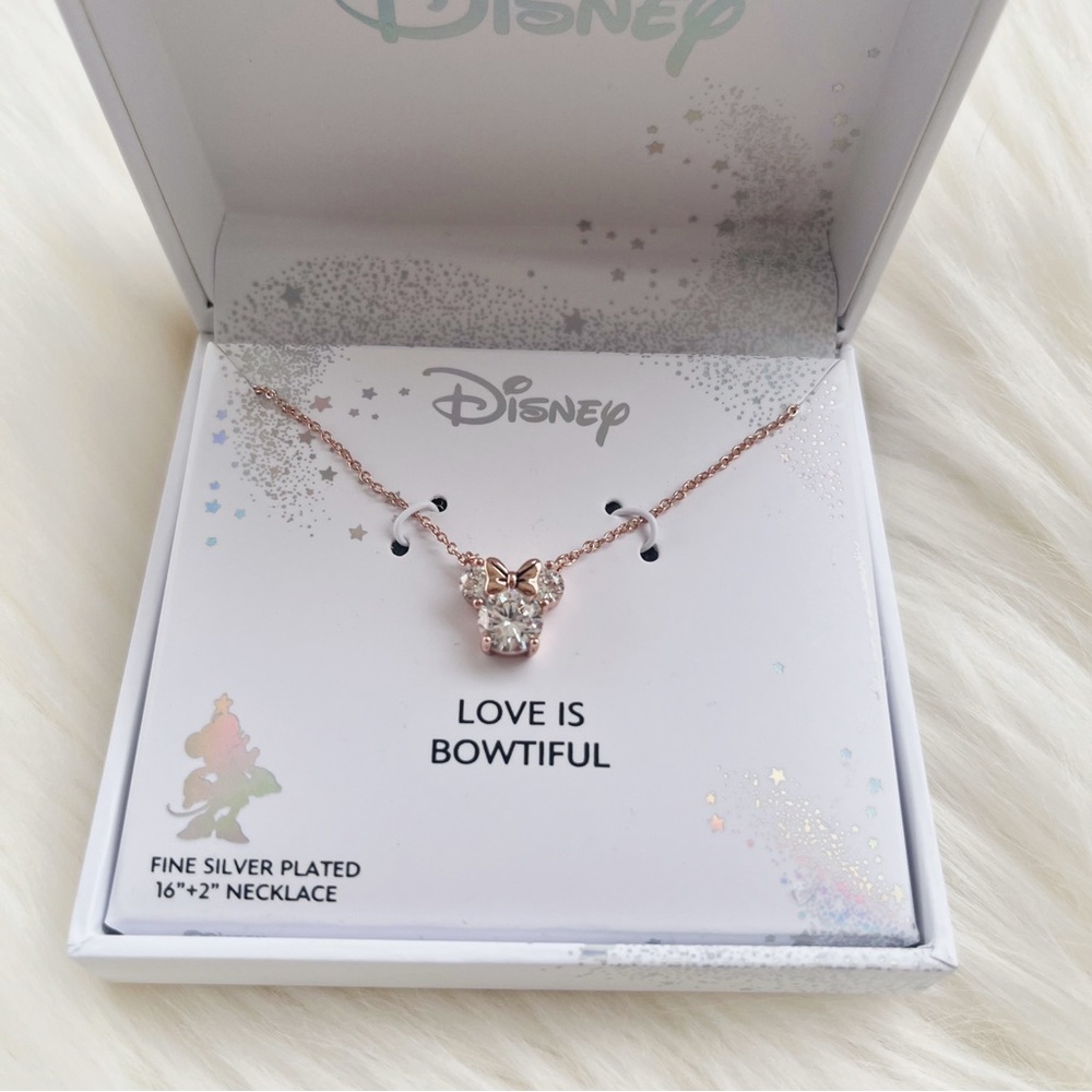 New in Box Disney Minnie Mouse Bowtiful Rose Gold Necklace Fine Silver Plated - Picture 2 of 3